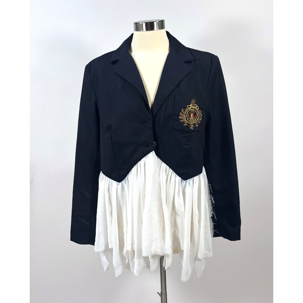 Free People Navy Blazer Jacket with White Peplum and Gold Crest